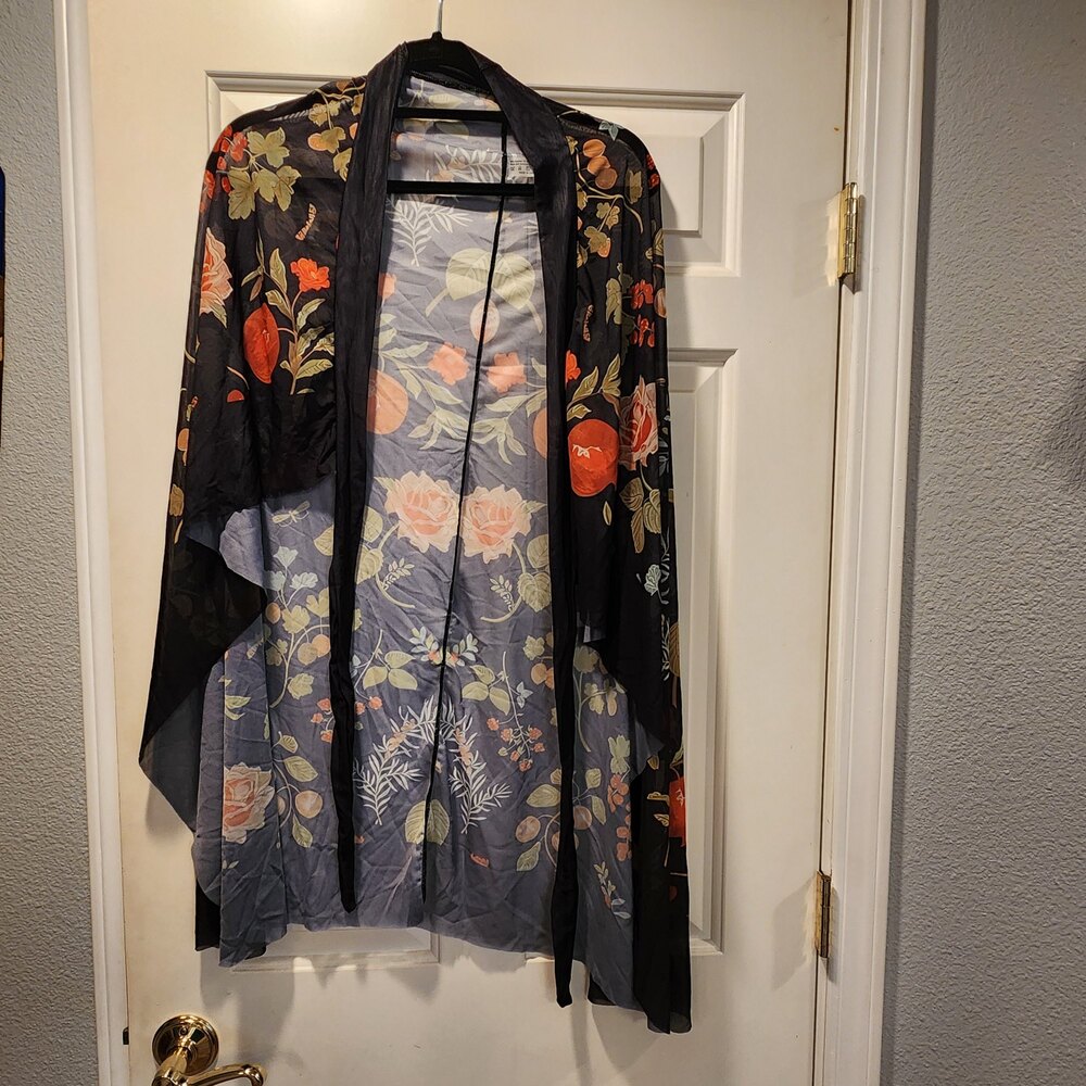 Floral Sheer Kimono Cardigan Black Mesh Duster